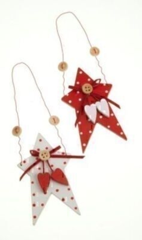 Set of 2 Red and white spotty stars hanging Christmas Tree decoration with button and heart detail by Heaven Sends. Size 9x5cm